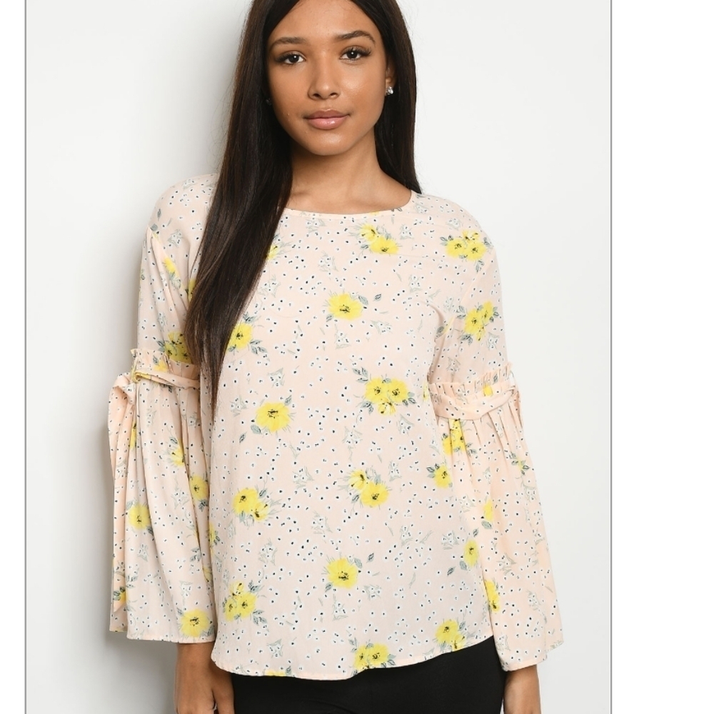 Floral Bell Sleeve Blouse S M L Yellow Boho Top Tie Sleeve Ruffle